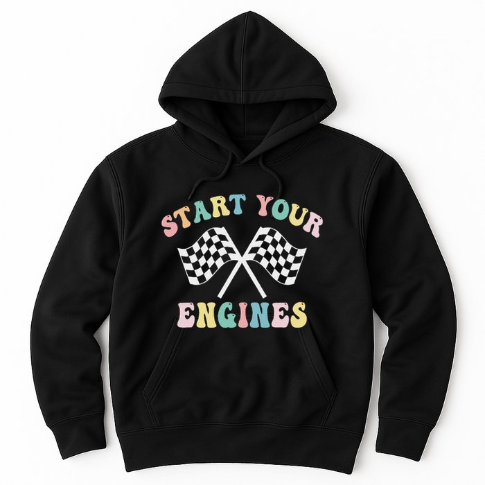 Start Your Engines Groovy Checkered Flag Retro Racing Hoodie