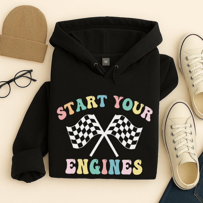 Start Your Engines Groovy Checkered Flag Retro Racing Hoodie