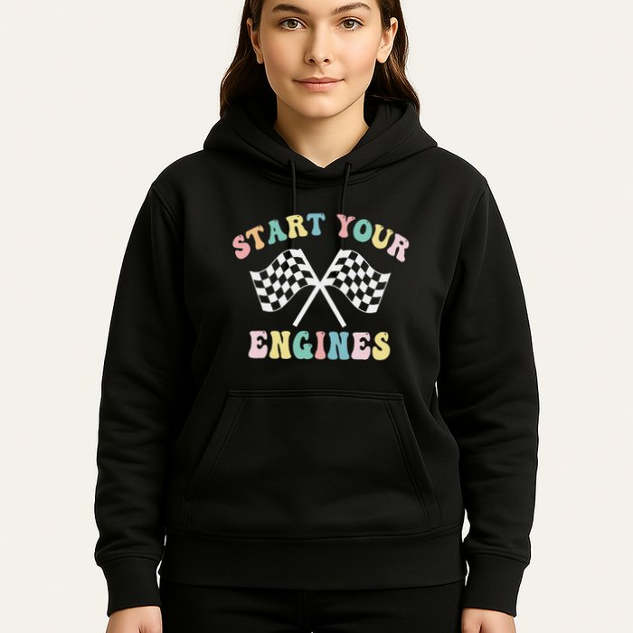 Start Your Engines Groovy Checkered Flag Retro Racing Hoodie