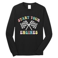 Start Your Engines Groovy Checkered Flag Retro Racing Long Sleeve Shirt