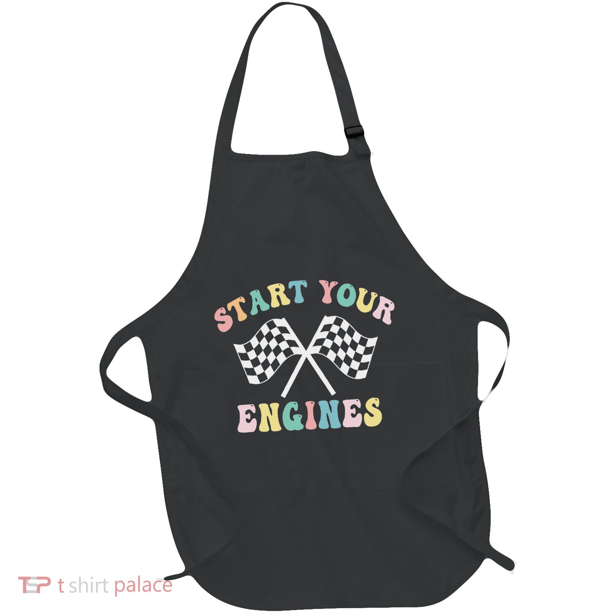 Start Your Engines Groovy Checkered Flag Retro Racing Full-Length Apron With Pockets