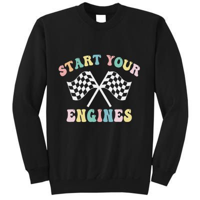 Start Your Engines Groovy Checkered Flag Retro Racing Sweatshirt