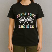 Start Your Engines Groovy Checkered Flag Retro Racing T-Shirt