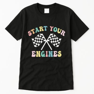 Start Your Engines Groovy Checkered Flag Retro Racing Tall T-Shirt