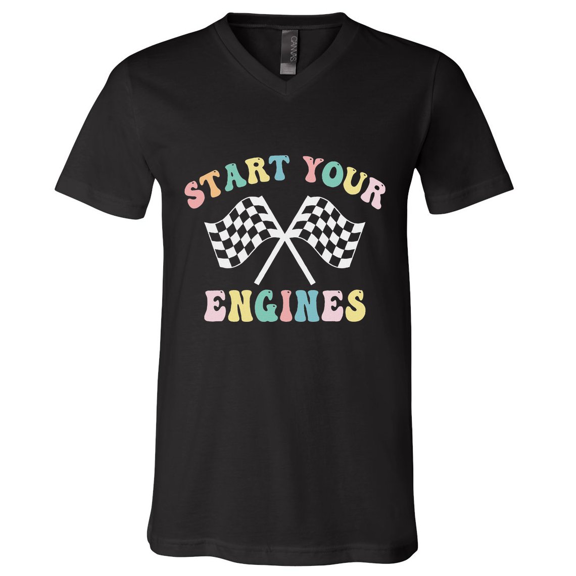 Start Your Engines Groovy Checkered Flag Retro Racing V-Neck T-Shirt