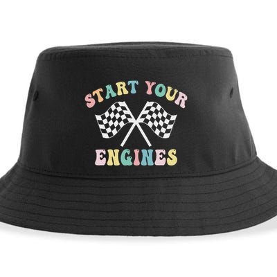 Start Your Engines Groovy Checkered Flag Retro Racing Sustainable Bucket Hat