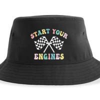 Start Your Engines Groovy Checkered Flag Retro Racing Sustainable Bucket Hat