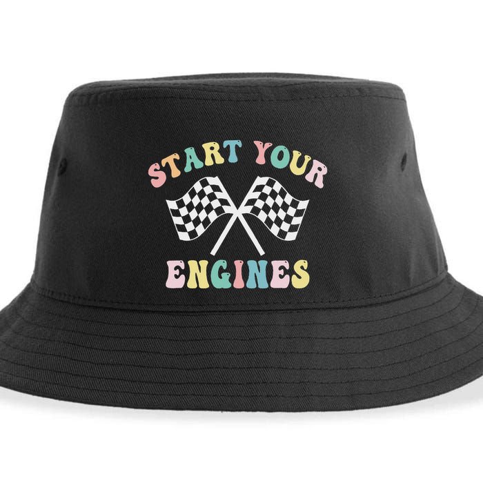 Start Your Engines Groovy Checkered Flag Retro Racing Sustainable Bucket Hat