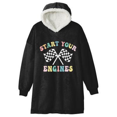 Start Your Engines Groovy Checkered Flag Retro Racing Hooded Wearable Blanket