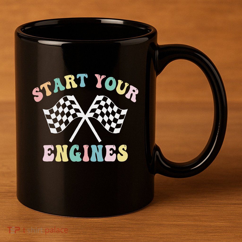 Start Your Engines Groovy Checkered Flag Retro Racing 11oz C Handle Ceramic Mug