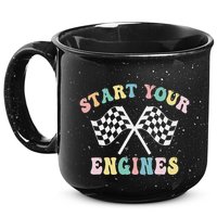Start Your Engines Groovy Checkered Flag Retro Racing 15oz Campfire Ceramic Mug