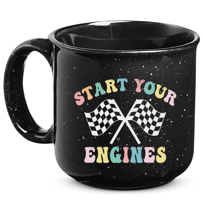 Start Your Engines Groovy Checkered Flag Retro Racing 15oz Campfire Ceramic Mug