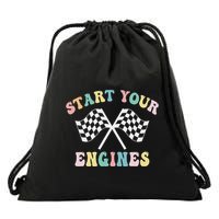 Start Your Engines Groovy Checkered Flag Retro Racing Drawstring Bag