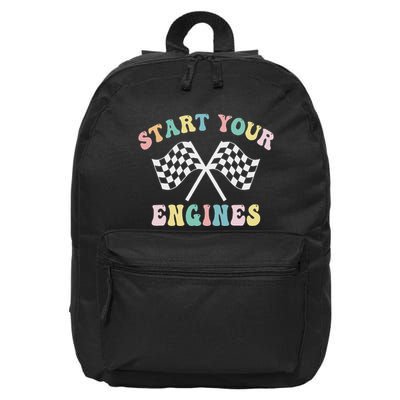 Start Your Engines Groovy Checkered Flag Retro Racing 16 in Basic Backpack