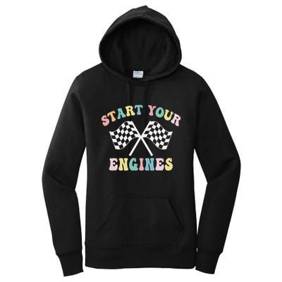 Start Your Engines Groovy Checkered Flag Retro Racing Women's Pullover Hoodie