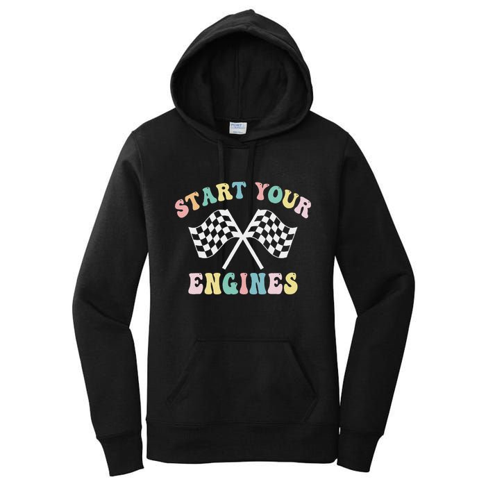 Start Your Engines Groovy Checkered Flag Retro Racing Women's Pullover Hoodie