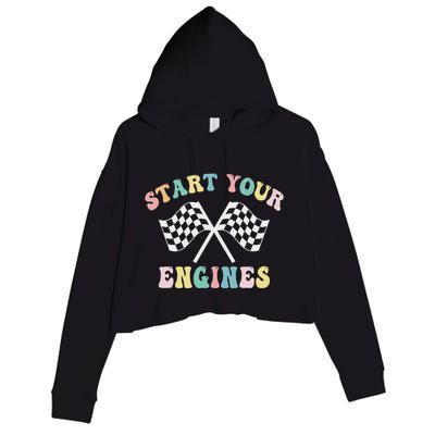 Start Your Engines Groovy Checkered Flag Retro Racing Crop Fleece Hoodie