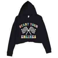 Start Your Engines Groovy Checkered Flag Retro Racing Crop Fleece Hoodie