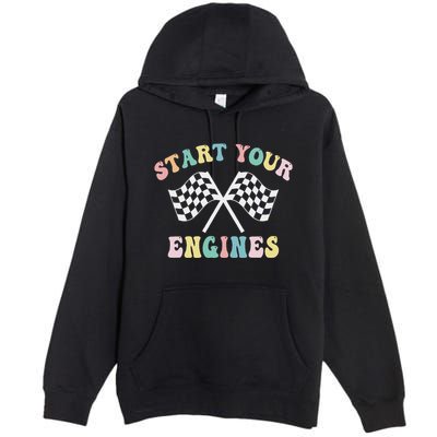Start Your Engines Groovy Checkered Flag Retro Racing Premium Pullover Hoodie