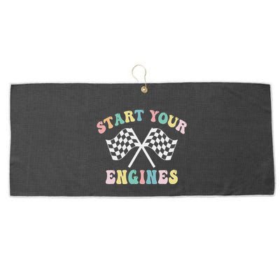 Start Your Engines Groovy Checkered Flag Retro Racing Large Microfiber Waffle Golf Towel