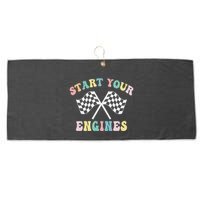 Start Your Engines Groovy Checkered Flag Retro Racing Large Microfiber Waffle Golf Towel