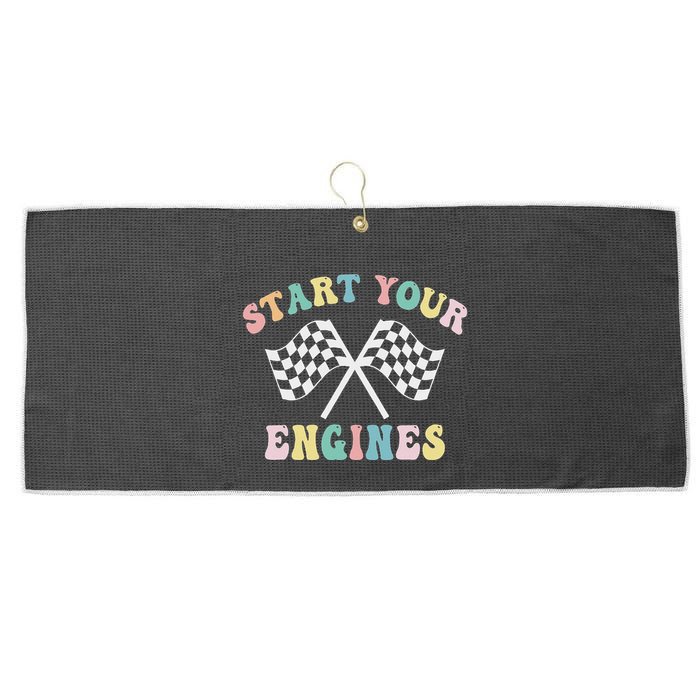 Start Your Engines Groovy Checkered Flag Retro Racing Large Microfiber Waffle Golf Towel
