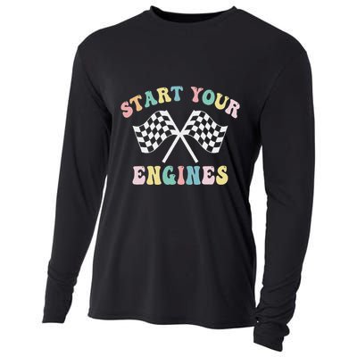 Start Your Engines Groovy Checkered Flag Retro Racing Cooling Performance Long Sleeve Crew