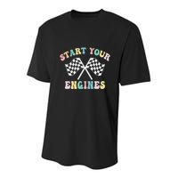 Start Your Engines Groovy Checkered Flag Retro Racing Youth Performance Sprint T-Shirt