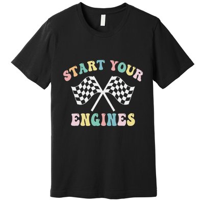 Start Your Engines Groovy Checkered Flag Retro Racing Premium T-Shirt