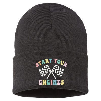 Start Your Engines Groovy Checkered Flag Retro Racing Sustainable Knit Beanie