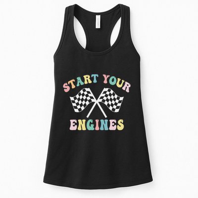 Start Your Engines Groovy Checkered Flag Retro Racing Womens Tank Top