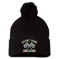 Start Your Engines Groovy Checkered Flag Retro Racing Pom Pom 12in Knit Beanie