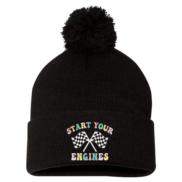 Start Your Engines Groovy Checkered Flag Retro Racing Pom Pom 12in Knit Beanie