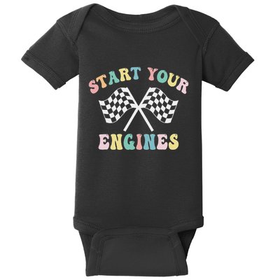 Start Your Engines Groovy Checkered Flag Retro Racing Baby Bodysuit
