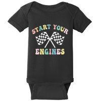 Start Your Engines Groovy Checkered Flag Retro Racing Baby Bodysuit