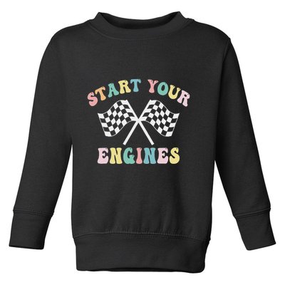 Start Your Engines Groovy Checkered Flag Retro Racing Toddler Sweatshirt