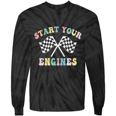 Start Your Engines Groovy Checkered Flag Retro Racing Tie-Dye Long Sleeve Shirt