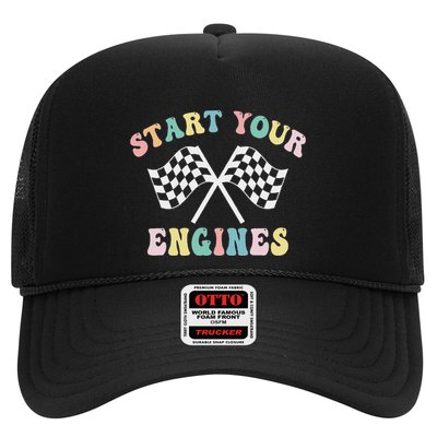Start Your Engines Groovy Checkered Flag Retro Racing Trucker Hat