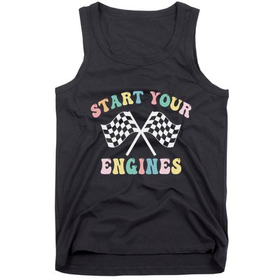 Start Your Engines Groovy Checkered Flag Retro Racing Tank Top