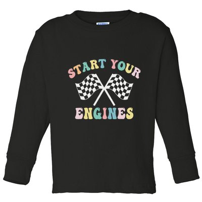 Start Your Engines Groovy Checkered Flag Retro Racing Toddler Long Sleeve Shirt