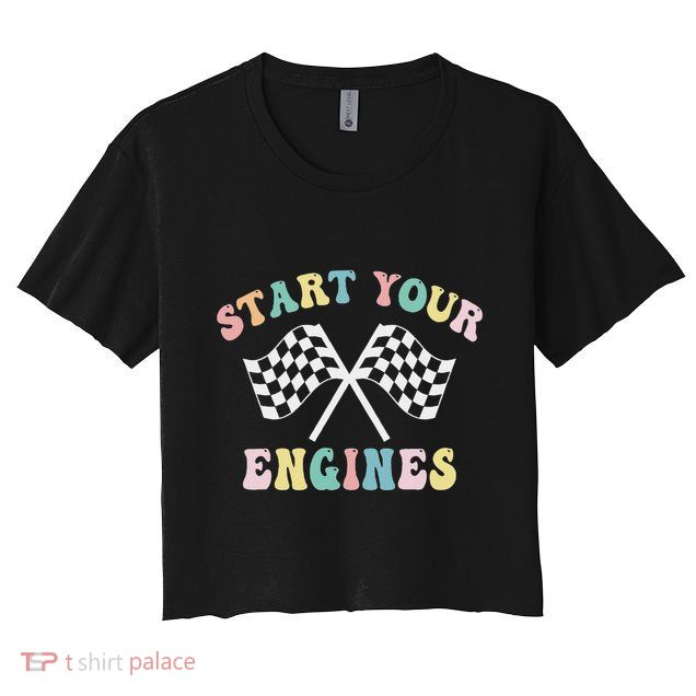 Start Your Engines Groovy Checkered Flag Retro Racing Crop Top