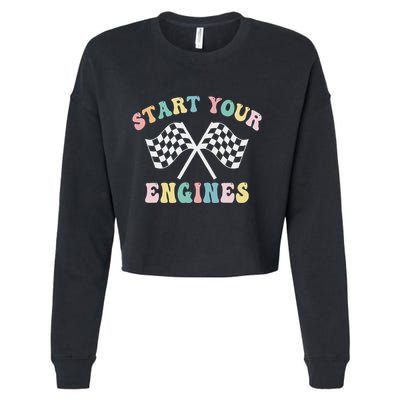 Start Your Engines Groovy Checkered Flag Retro Racing Cropped Pullover Crew