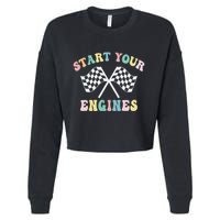 Start Your Engines Groovy Checkered Flag Retro Racing Cropped Pullover Crew