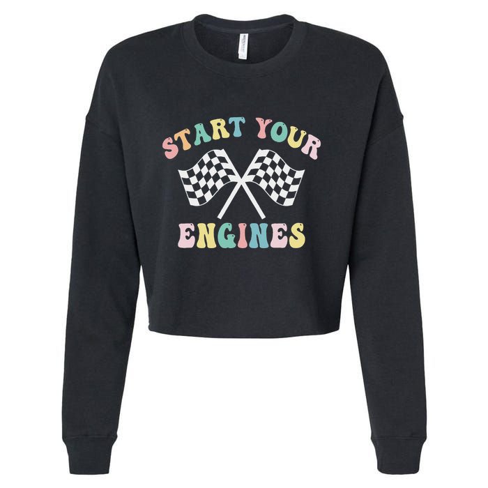 Start Your Engines Groovy Checkered Flag Retro Racing Cropped Pullover Crew