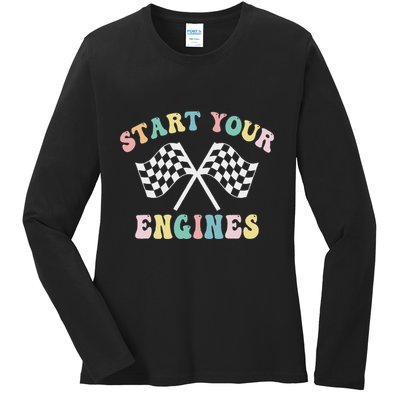 Start Your Engines Groovy Checkered Flag Retro Racing Ladies Long Sleeve Shirt