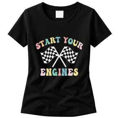 Start Your Engines Groovy Checkered Flag Retro Racing Womens T-Shirt