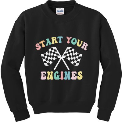 Start Your Engines Groovy Checkered Flag Retro Racing Kids Sweatshirt