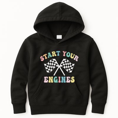 Start Your Engines Groovy Checkered Flag Retro Racing Kids Hoodie