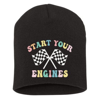 Start Your Engines Groovy Checkered Flag Retro Racing Short Acrylic Beanie