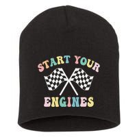 Start Your Engines Groovy Checkered Flag Retro Racing Short Acrylic Beanie